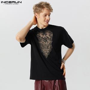 INCERUN Summer Men Splicing Lace Hollow Out Tops