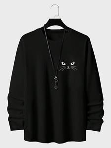 ChArmkpR Mens Cat Face Print Crew Neck Cotton Casual Long Sleeve T-Shirts
