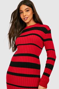 Boohoo Gebreide Gestreepte Midi Jurk, Red