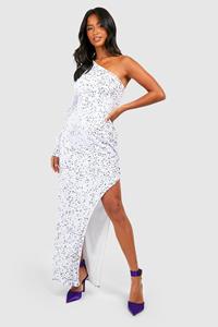 Boohoo Petite Velvet Sequin Asymmetric Maxi Dress, White