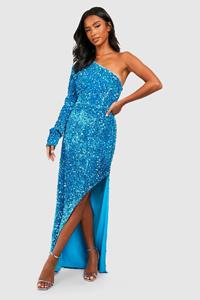 Boohoo Petite Velvet Sequin Asymmetric Maxi Dress, Turquoise