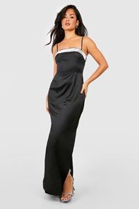 Boohoo Diamante Strappy Satin Maxi Dress, Black