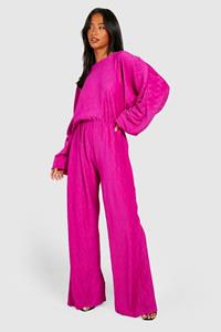 Boohoo Petite Plisse Batwing Jumpsuit, Hot Pink