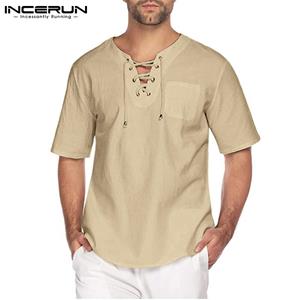 INCERUN Summer Cotton Linen Mens Retro Short Sleeves Lace Up Loose Solid Color Tee Tops