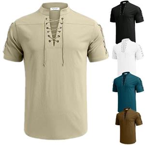 WowClassic Men's Beach Shirt Short Sleeve Lace Up Hippie T-shirt Cotton Linen Bandage V-neck Pirate Shirts