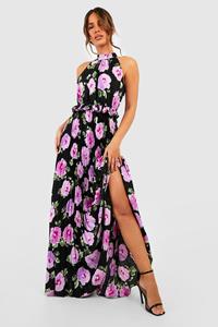 Boohoo Geplooide Bloemen Maxi Jurk Met Hoge Hals, Black