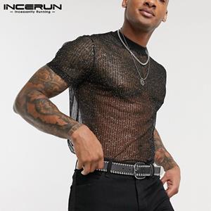 INCERUN Men's Short Sleeve See Through Summer Breathable Clubwear Tops