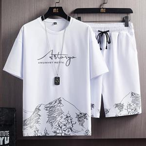 Cloth W T-shirt met korte mouwen Heren Zomer Nieuw Sneeuwbergprint Modetrend Koreaanse versie van slank Groot formaat Sport Tweedelig