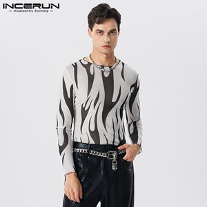 INCERUN Spring Men's Printed Mesh Stretch Sheer Breathable Long-sleeved Top