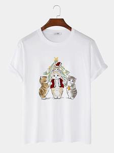 ChArmkpR Mens Christmas Cartoon Cat Print Crew Neck Short Sleeve T-Shirts Winter