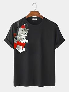 ChArmkpR Mens Christmas Cat Side Print Crew Neck Short Sleeve T-Shirts Winter