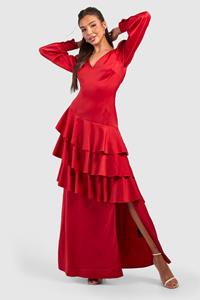 Boohoo Satijnen Maxi Jurk Met Ruches, Red