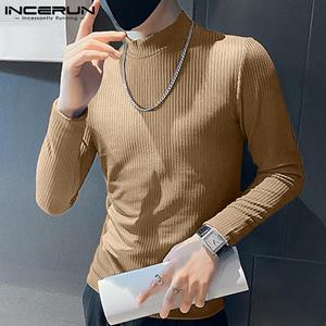INCERUN Spring Mens Turtle Neck Long Sleeve T Shirts Basics Slim Fit Solid Color Casual Tee Tops S-5XL