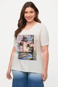 Ulla Popken Rundhalsshirt T-Shirt Palmen-Fotomotiv V-Ausschnitt Halbarm