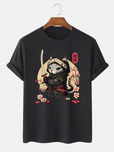 ChArmkpR Mens Japanese Warrior Cat Floral Print Short Sleeve T-Shirts Winter
