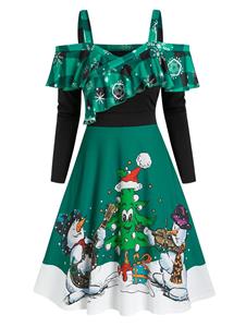 Dresslily Christmas Printed Cold Shoulder Ruffled Dress
