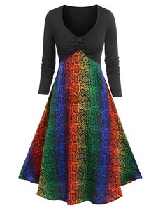 Dresslily Button Rainbow Snakeskin Printed Flare Dress