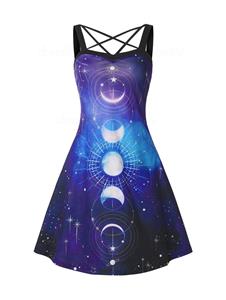 Dresslily Moon Phase Galaxy Print Crisscross Dress