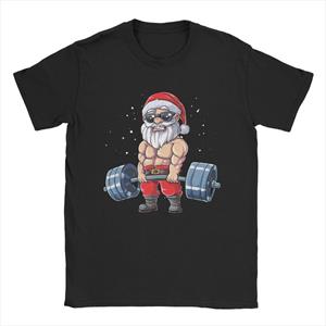 Kukebang Fitness Christmas present Cute Santa Vintage  Tees Short Sleeve Deadlift Gym Xmas T Shirts Crewneck Clothing Funny gift