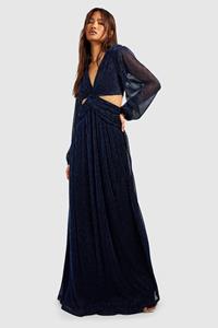 Boohoo Tall Metallic Plisse Maxi Jurk Met Uitsnijding, Navy