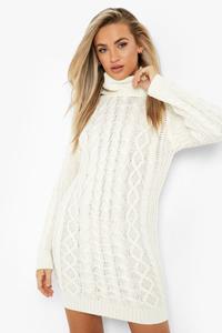 Boohoo Dikke Grof Gebreide Coltrui Jurk, Cream