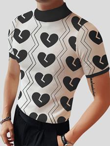 INCERUN Mens Heart Print Half-Collar Short Sleeve T-Shirt