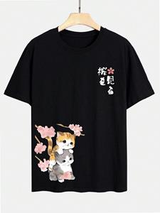 ChArmkpR Mens Japanese Cherry Blossoms Cat Print Crew Neck Short Sleeve T-Shirts Winter