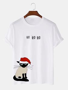 ChArmkpR Mens Christmas Hat Cat Print Crew Neck Short Sleeve T-Shirts