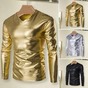 Guannuotong Men Top Slim Fit V Neck Long Sleeve T-shirt Trendy Shiny Bronzing Gloss Men Blouse for Parties Stage Proms