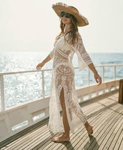 Superdry Vrouwen Beach Cover Up Maxi-jurk met Kanten Details Crème