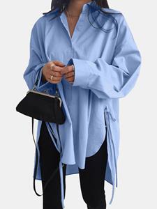 ZANZEA Solid Color Long Sleeve Side Slit Lace-up Irregular Shirt For Women