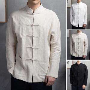 KYUSHUAD Style Shirt Top Mandarin Collar Long Sleeve Pockets Disc Button Traditional Kung Fu Tai Chi