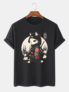 ChArmkpR Mens Japanese Warrior Cat Floral Print Crew Neck Short Sleeve T-Shirts Winter