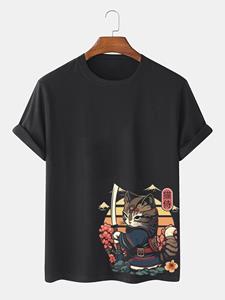 ChArmkpR Mens Japanese Warrior Cat Graphic Crew Neck Short Sleeve T-Shirts Winter