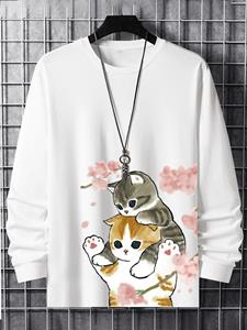 ChArmkpR Mens Cute Cat Floral Print Crew Neck Long Sleeve T-Shirts Winter