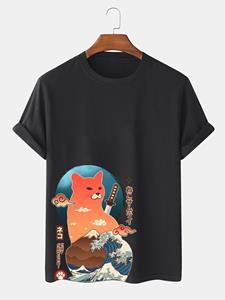 ChArmkpR Mens Japanese Warrior Cat Wave Print Crew Neck Short Sleeve T-Shirts Winter