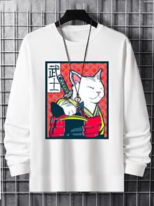 ChArmkpR Mens Japanese Warrior Cat Ukiyoe Graphic Crew Neck Long Sleeve T-Shirts Winter