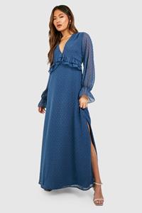 Boohoo Dobby Maxi Jurk Met Laag Decolleté En Ruches, Navy