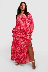 Boohoo Plus Bloemen Maxi Jurk Met Franjes, Laag Decolleté En Ruches, Pink