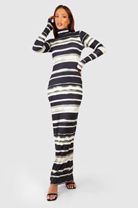 Boohoo Tall Stripe Print Roll Neck Maxi Dress, Black