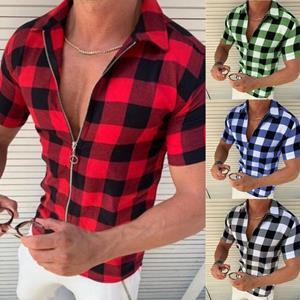Bestnify apparel Geruit bedrukt shirt zomer mode mannen korte mouwen eendelige capuchon rits T-shirt