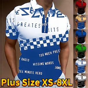 Happy Show Casual Revers T-shirt Jonge Mannen Mode Rits T-shirt Korte Mouw T-shirt Heren 3D Blauw Plaid Patroon Print T Shirt