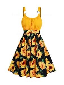 Dresslily Sunflower Print Colorblock Sundress Ruched O Ring High Waist Vacation Dress