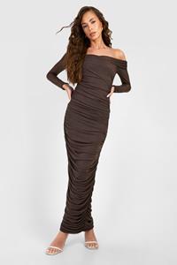 Boohoo Rouched Mesh Off The Shoulder Maxi Dress, Chocolate
