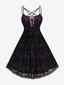 Rosegal Plus Size Lace Up Grommets Cross Girl Print Mesh Crisscross Vintage Dress