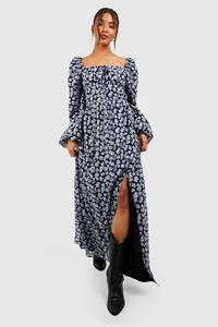 Boohoo Floral Puff Sleeve Rouched Bust Maxi Milkmaid Dress, Black