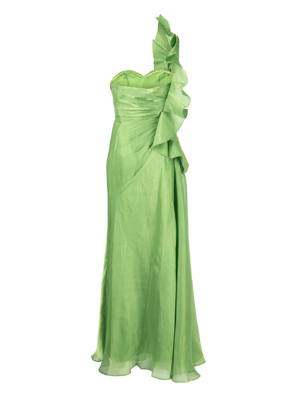 Badgley Mischka Leaf one-shoulder pleated gown - Groen