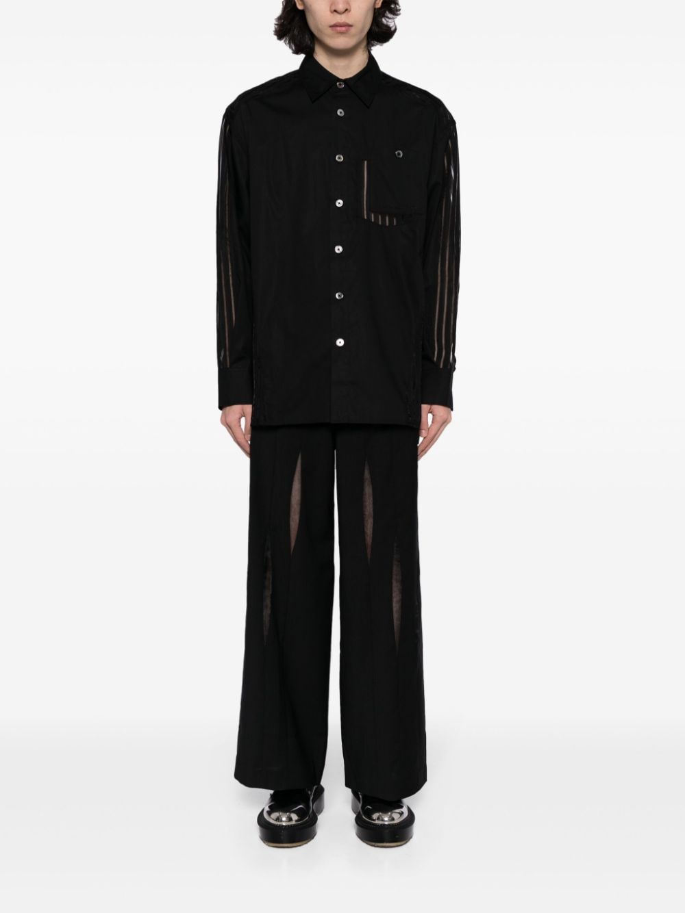 Feng Chen Wang sheer-panelled cotton shirt - Zwart