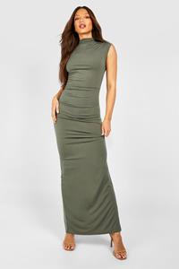 Boohoo Tall Slinky High Neck Ruched Maxi Dress, Khaki