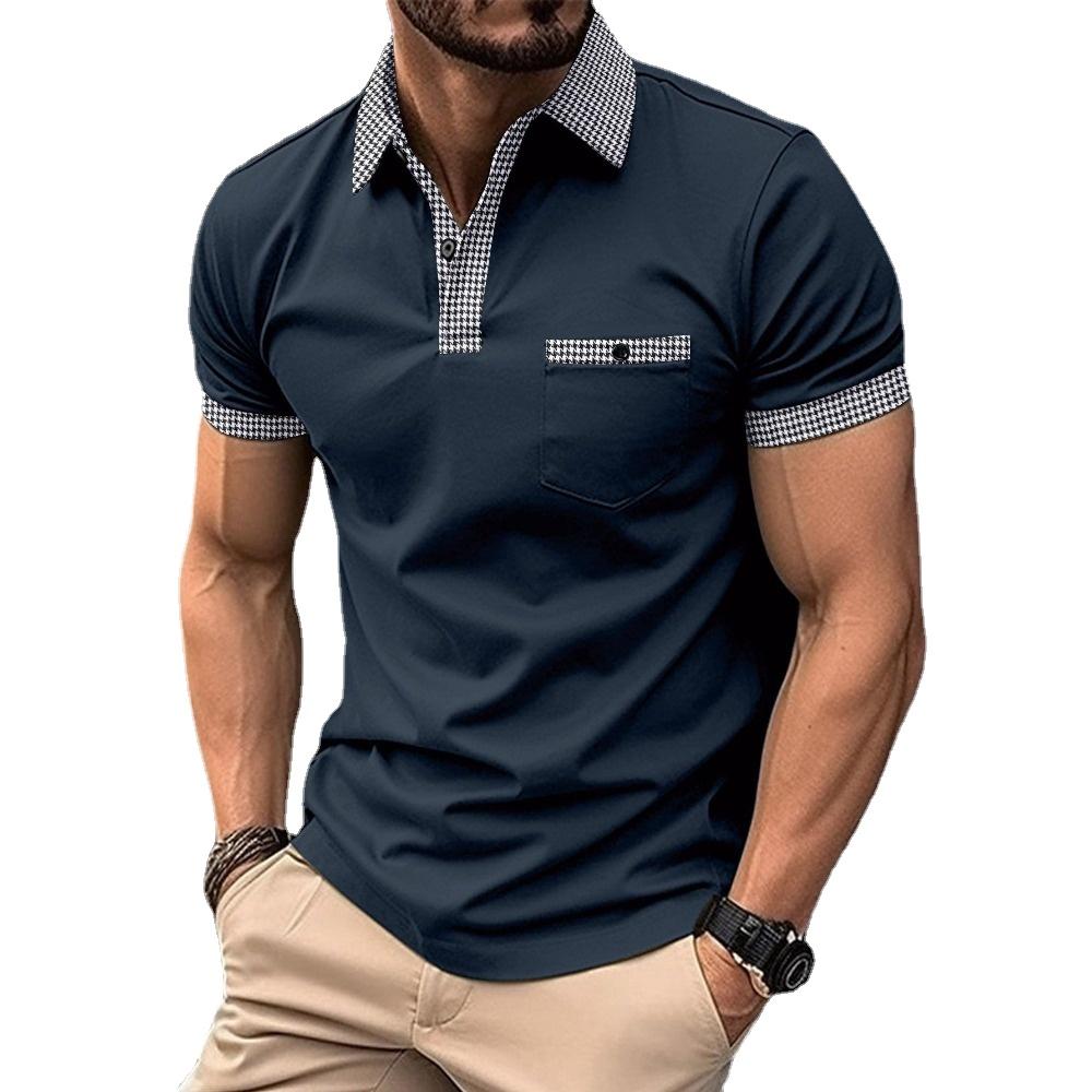HerSight Summer Short Sleeve Shirt Men Plaid Patchwork Men's Pocket Sports Shirts Black Blue White Tops